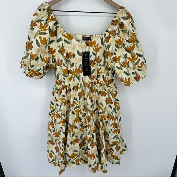 Mikarose Womens Cassia Puff Sleeve Dress Medium Floral V-Neck Cottage Pleats NEW - Picture 2 of 10